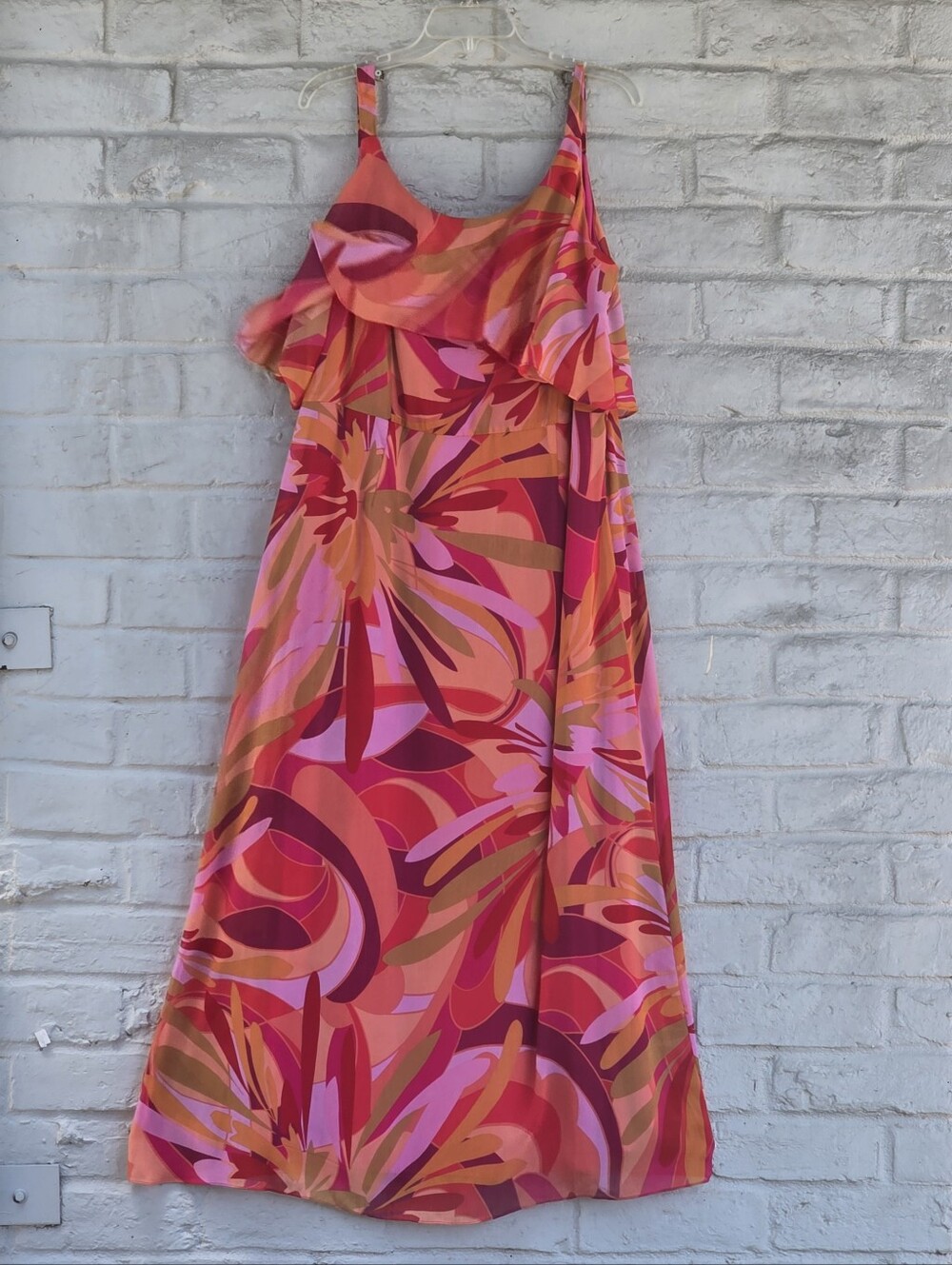 Roz & Ali Womens 14 Plus Pink Abstract Floral Ruffle Maxi Dress Tank Popover Lin - Picture 2 of 6